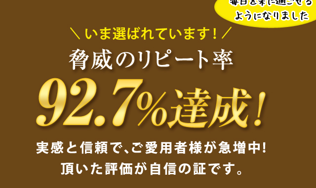 いま選ばれています！脅威のリピート率92.7％達成！実感と信頼で、ご愛用者様が急増中！頂いた評価が自身の証です。